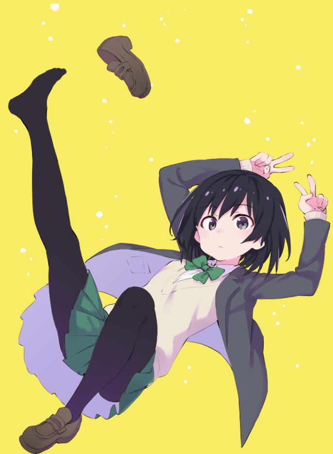 1girl aki_poi arms_up bangs black_blazer black_eyes black_hair black_legwear blazer blush bow bowtie brown_footwear closed_mouth collared_shirt commentary_request double_v eyebrows_visible_through_hair green_neckwear green_skirt jacket loafers long_sleeves looking_at_viewer open_blazer open_clothes open_jacket original pantyhose pleated_skirt pocket shirt shoes single_shoe skirt solo sweater_vest v white_shirt yellow_background