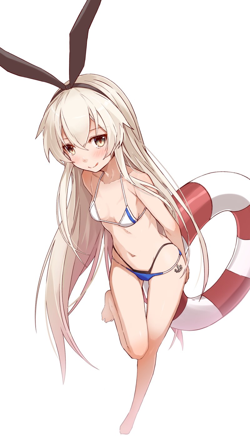 10s 1girl :q adapted_costume anchor arms_behind_back bangs bare_arms bare_legs bare_shoulders barefoot black_hairband black_ribbon blonde_hair blush brown_eyes closed_mouth collarbone full_body hair_between_eyes hair_ribbon hairband highres holding kantai_collection layered_bikini leg_up lifebuoy long_hair looking_at_viewer ribbon shimakaze_(kantai_collection) simple_background smile smug solo standing standing_on_one_leg takanashie thigh_gap tongue tongue_out tsurime very_long_hair white_background white_bikini_top
