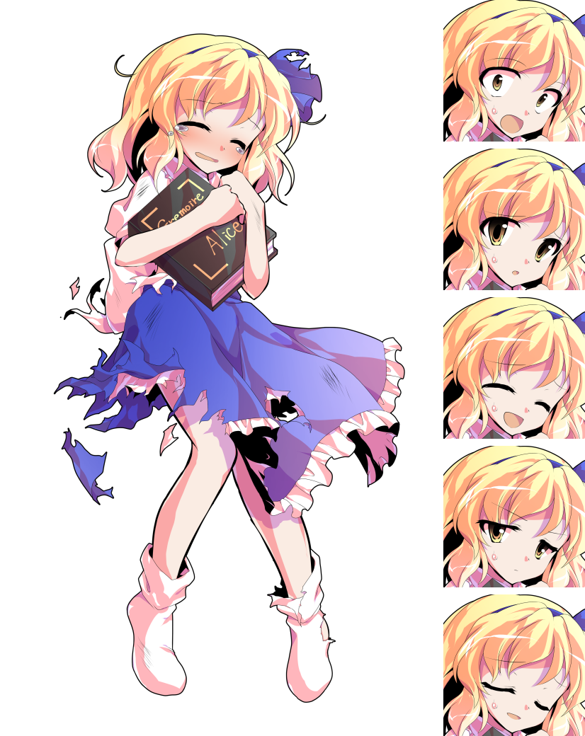 1girl alice_margatroid alice_margatroid_(pc-98) alphes_(style) bangs blonde_hair blue_bow blue_skirt blush bow bruise closed_eyes closed_mouth commentary_request crying dairi dirty_clothes eyebrows_visible_through_hair frilled_skirt frills full_body grimoire_of_alice hair_bow holding injury knees_together_feet_apart looking_at_viewer multiple_views no_shoes nose_blush open_mouth parody shaded_face short_sleeves skirt smile socks standing style_parody sweat tachi-e tears torn_clothes torn_skirt torn_socks touhou touhou_(pc-98) transparent_background white_legwear yellow_eyes