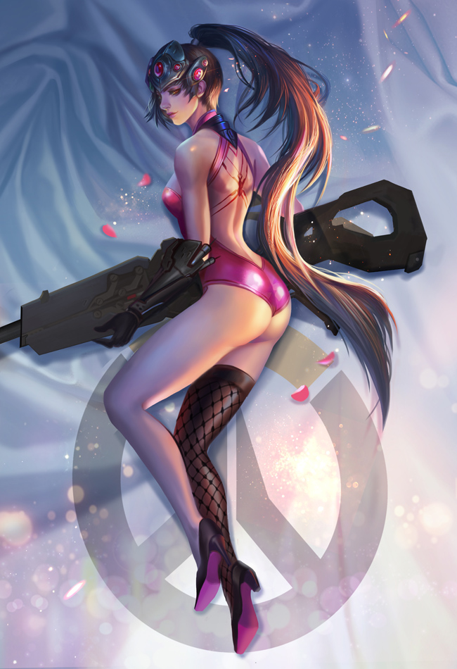 1girl ass back backless backless_outfit fishnet_legwear fishnets gun leotard logo long_ponytail lying on_side overwatch ponytail purple_skin rifle single_thighhigh smile solo thigh-highs visor weapon widowmaker_(overwatch) yang_fan