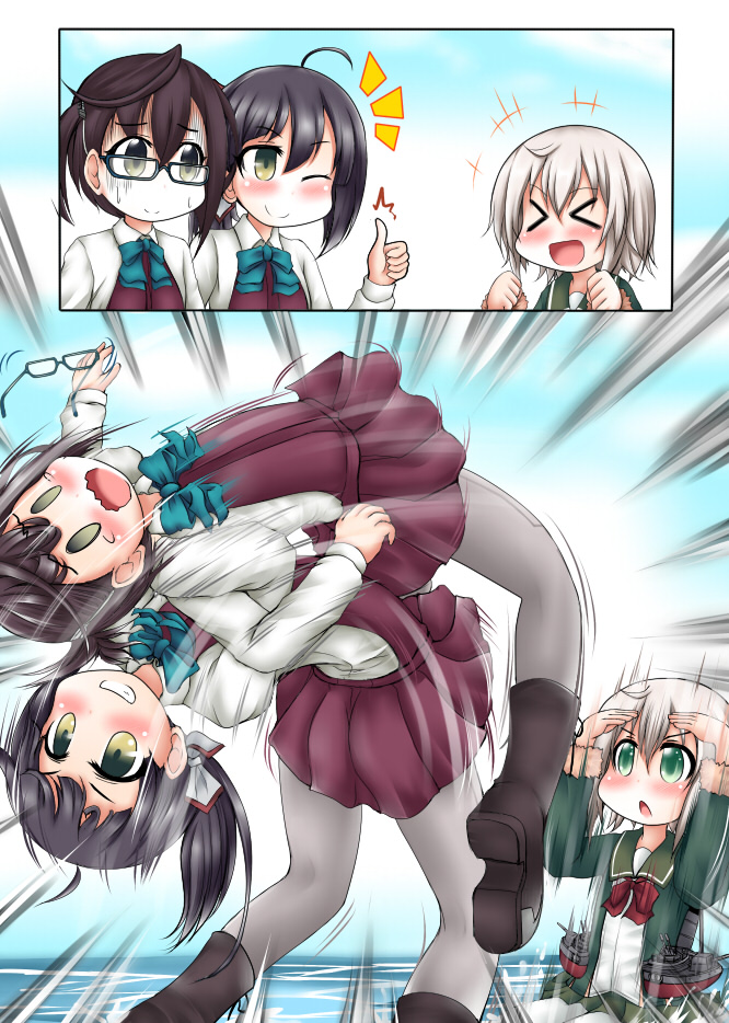 &gt;_&lt; +++ /\/\/\ 10s 2koma 3girls :d ;) ahoge assisted_exposure black_hair blonde_hair blue-framed_eyewear boots closed_eyes comic female_pervert fujinami_(kantai_collection) fur-trimmed_sleeves fur_trim german_suplex glasses glasses_removed green_eyes green_jacket green_skirt grey_legwear grin hair_ribbon jacket kantai_collection long_hair long_sleeves machinery multiple_girls okinami_(kantai_collection) one_eye_closed open_mouth ouno_(nounai_disintegration) pantyhose pervert pleated_skirt red_ribbon ribbon school_uniform serafuku shimushu_(kantai_collection) shirt short_hair skirt smile suplex sweat thumbs_up water white_legwear white_shirt xd yellow_eyes