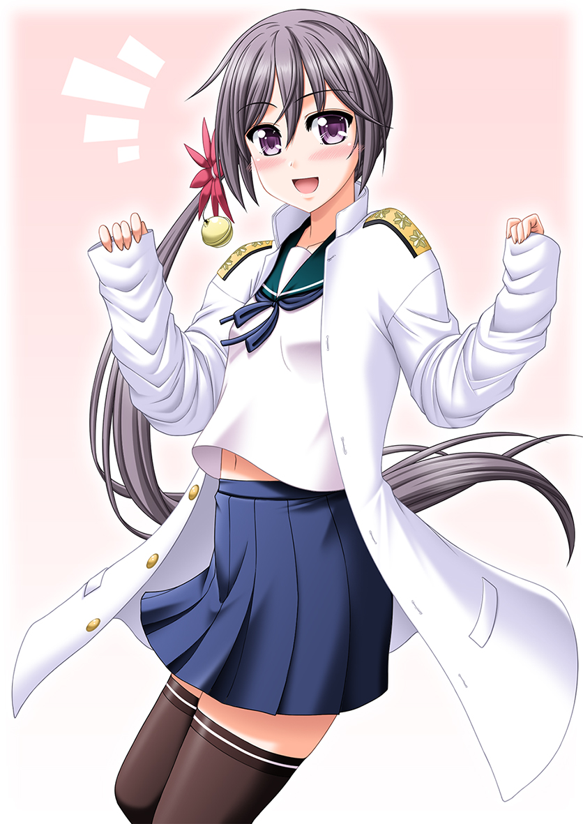 1girl :d admiral_(kantai_collection) admiral_(kantai_collection)_(cosplay) akebono_(kantai_collection) alternate_costume bell black_legwear commentary_request cosplay dress flower gradient gradient_background grey_hair hair_flower hair_ornament kantai_collection kiryuu_makoto long_hair looking_at_viewer military military_uniform naval_uniform navel open_mouth pleated_skirt purple_dress school_uniform serafuku side_ponytail simple_background skirt smile solo thigh-highs uniform zettai_ryouiki
