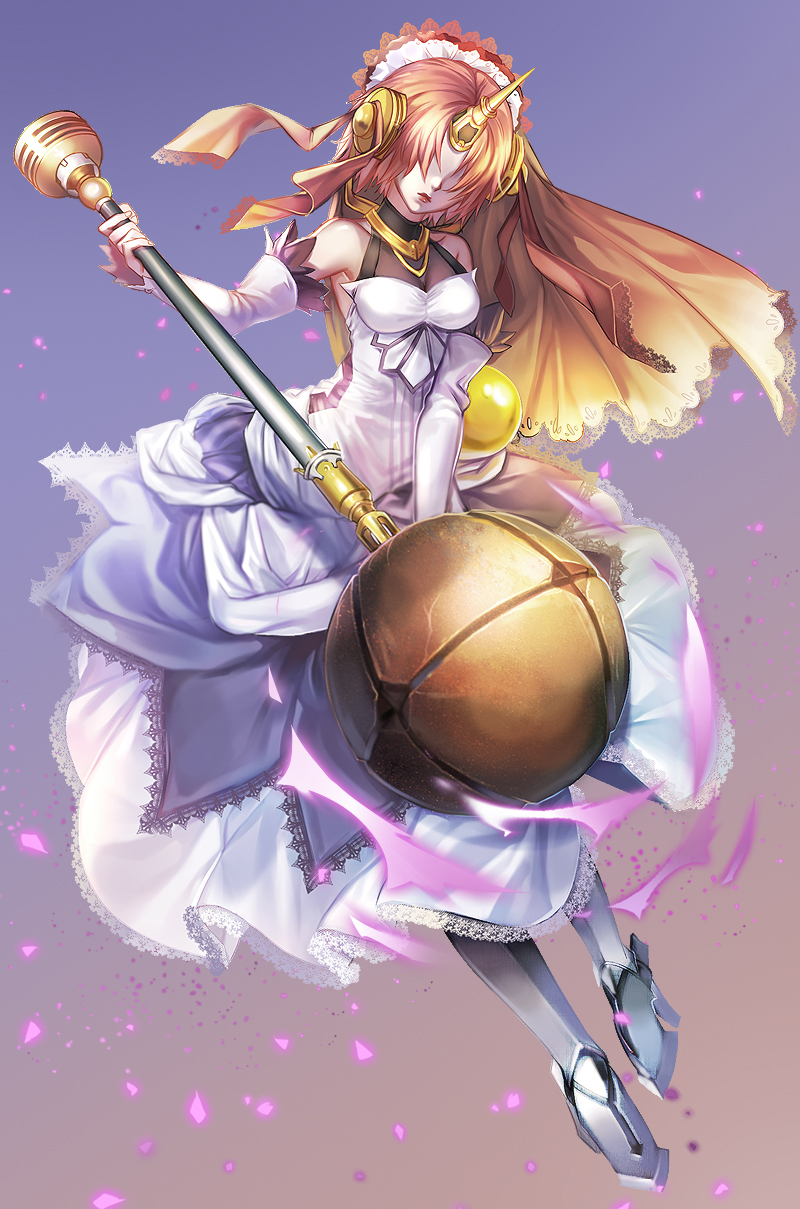 1girl berserker_of_black brown_hair detached_sleeves dress fate/apocrypha fate_(series) full_body gradient gradient_background hair_over_eyes headphones high_heels highres horn mace maid_headdress shente_(sharkpunk) solo weapon white_dress white_legwear