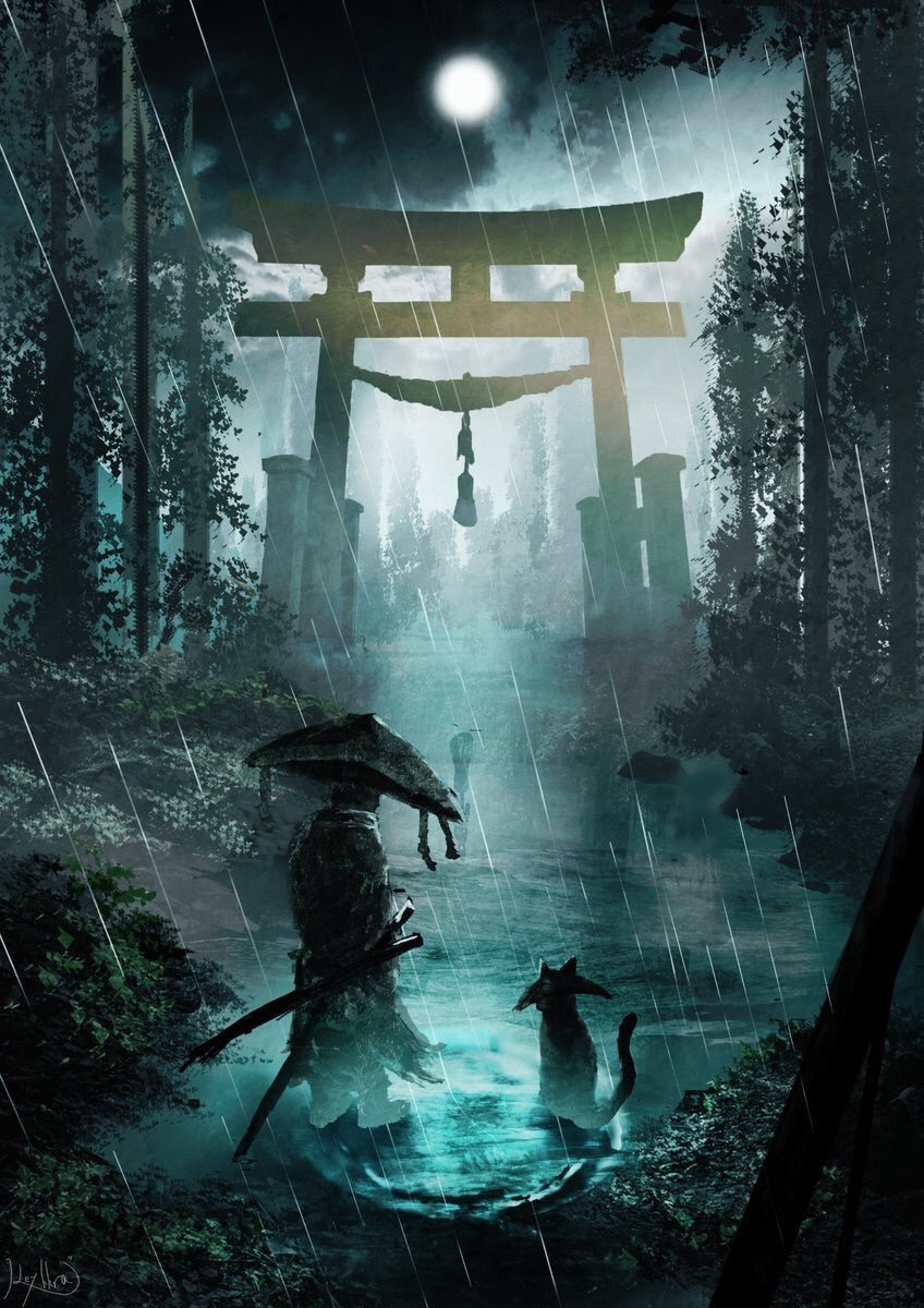 1boy animal cat facing_away highres kagikura looking_away original rain scenery soaking_feet torii tree water