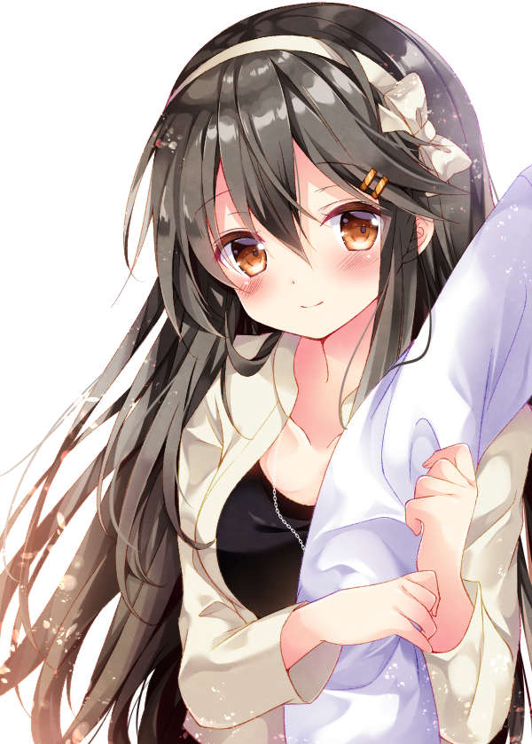 1girl admiral_(kantai_collection) arm_hug black_hair black_shirt blush bow brown_eyes closed_mouth collarbone commentary_request couple eyebrows_visible_through_hair hair_ornament hairband hairclip haruna_(kantai_collection) hetero jacket jewelry kantai_collection long_hair looking_at_viewer necklace nogi_takayoshi open_clothes open_jacket out_of_frame shiny shiny_hair shirt simple_background smile solo_focus tareme very_long_hair white_background white_bow white_hairband white_jacket