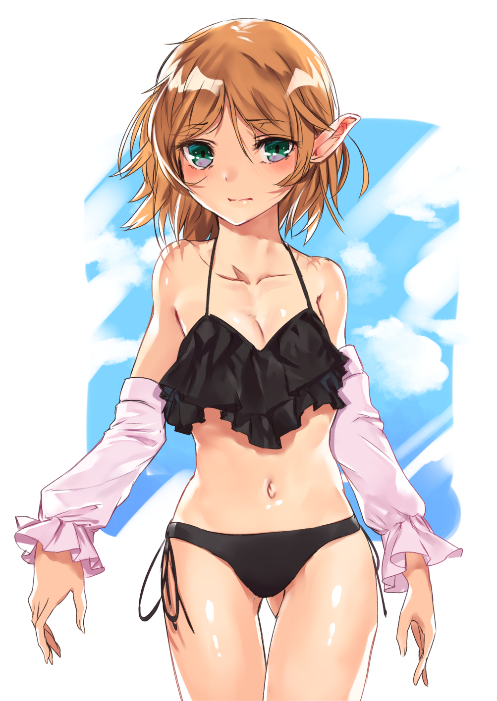 1girl arms_at_sides asuzemu bangs bare_shoulders bikini black_ribbon blue_eyes blush breasts cleavage closed_mouth collarbone detached_sleeves eyebrows_visible_through_hair gluteal_fold halterneck highres light_frown looking_at_viewer mizuhashi_parsee navel orange_hair parted_bangs pointy_ears ribbon shiny shiny_skin short_hair short_sleeves side-tie_bikini small_breasts solo stomach swimsuit tareme thigh_gap touhou two-tone_background