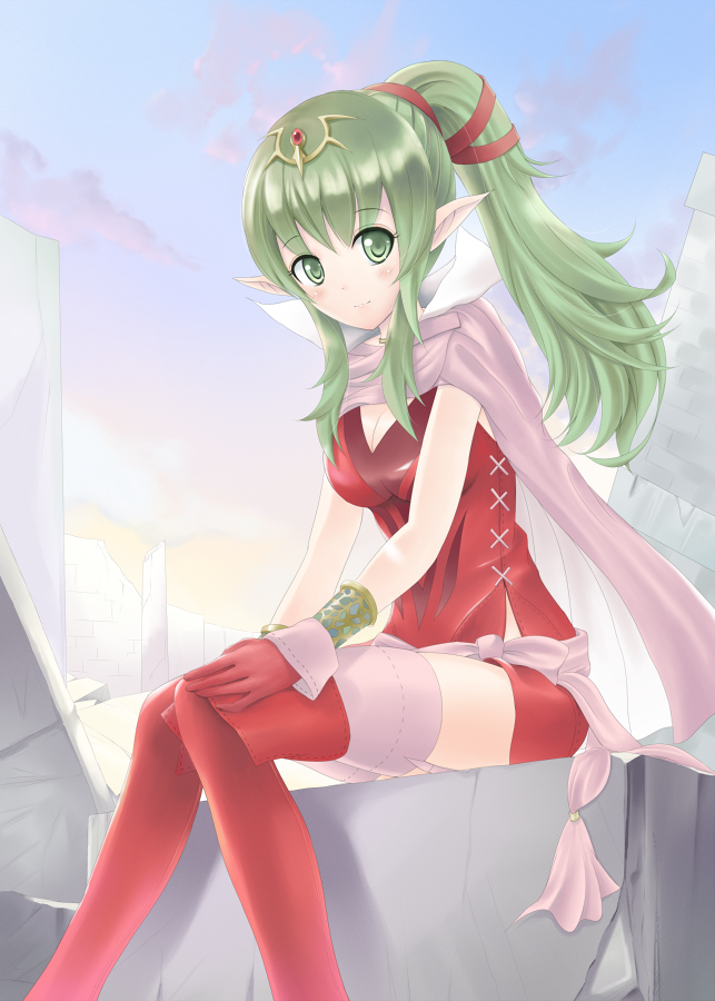 1girl blush boots bracelet breasts cape chiki cleavage dress fire_emblem fire_emblem:_kakusei gloves green_eyes green_hair hair_ornament hair_ribbon jewelry light_blush light_smile long_hair looking_at_viewer medium_breasts ogata_(kitunetoishi) older pink_cape pointy_ears ponytail red_boots red_dress red_gloves ribbon sash short_dress sitting smile solo thigh-highs thigh_boots