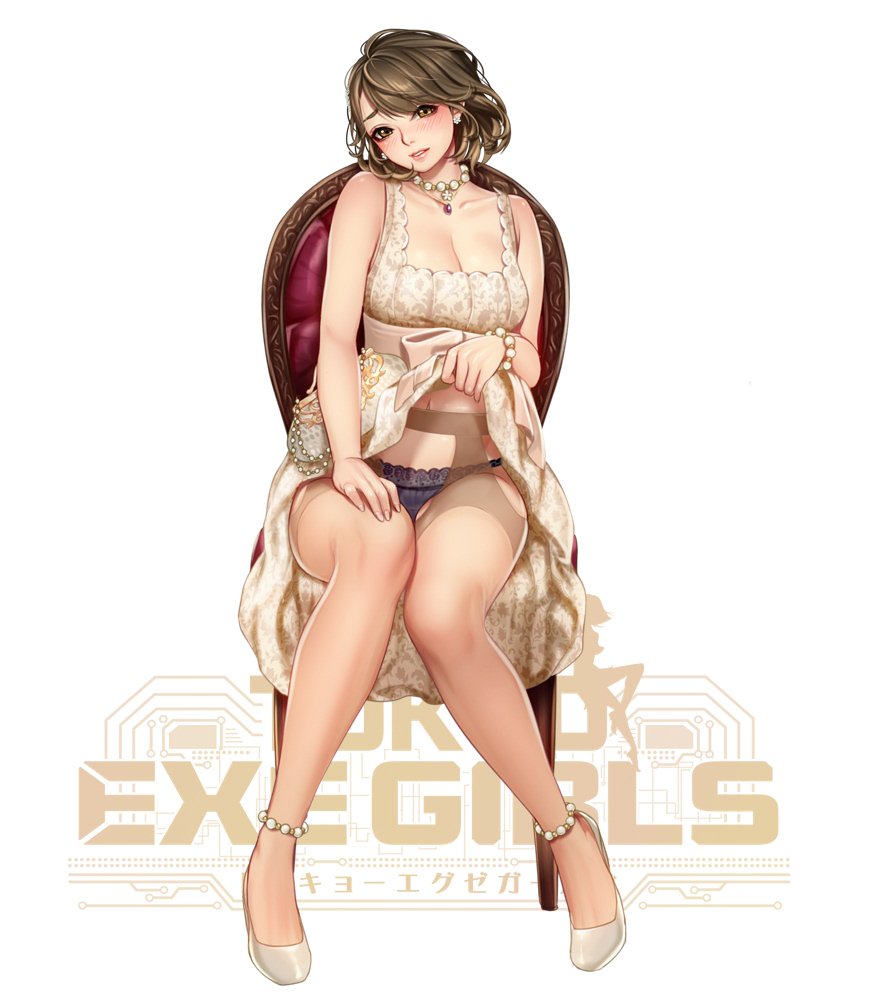 1girl bag bangs blush bracelet breasts brown_eyes brown_hair chair cleavage collarbone commentary_request dress earrings eyebrows_visible_through_hair full_body hair_ornament handbag high_heels holding_skirt jewelry logo looking_at_viewer masami_chie medium_breasts navel necklace original panties pantyhose parted_lips pearl_bracelet short_dress simple_background sitting sleeveless solo standing tokyo_exe_girls underwear upskirt white_background