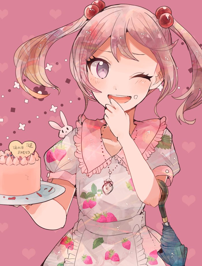 10s 1girl apron cake closed_umbrella dress food food_on_face food_print hair_bobbles hair_ornament itomugi-kun kantai_collection looking_at_viewer one_eye_closed open_mouth pink_dress pink_eyes pink_hair plate rabbit sazanami_(kantai_collection) short_hair strawberry_print twintails umbrella umrella upper_body