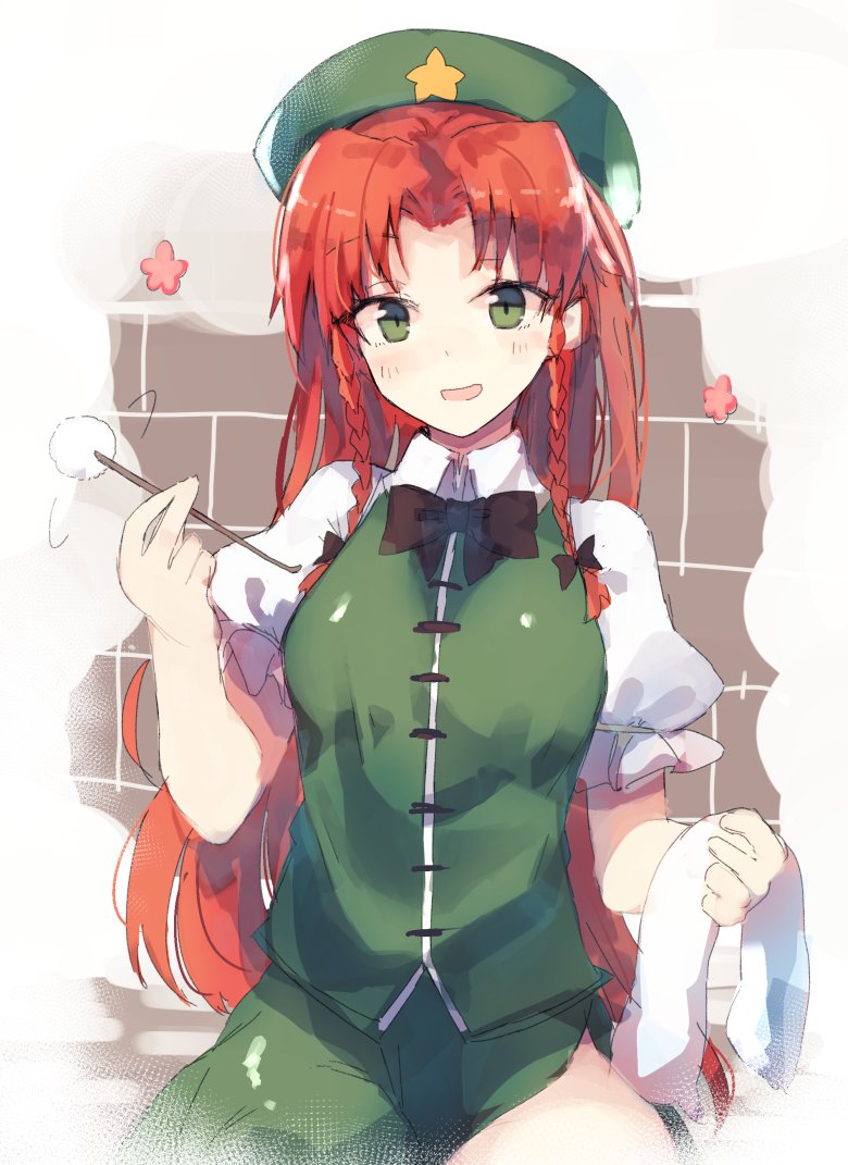:d bei_mochi beret black_bow black_bowtie blush bow bowtie braid breasts chinese_clothes cowboy_shot green_eyes hair_bow hat hong_meiling long_hair looking_at_viewer medium_breasts mimikaki open_mouth puffy_short_sleeves puffy_sleeves redhead short_sleeves smile solo star touhou towel twin_braids