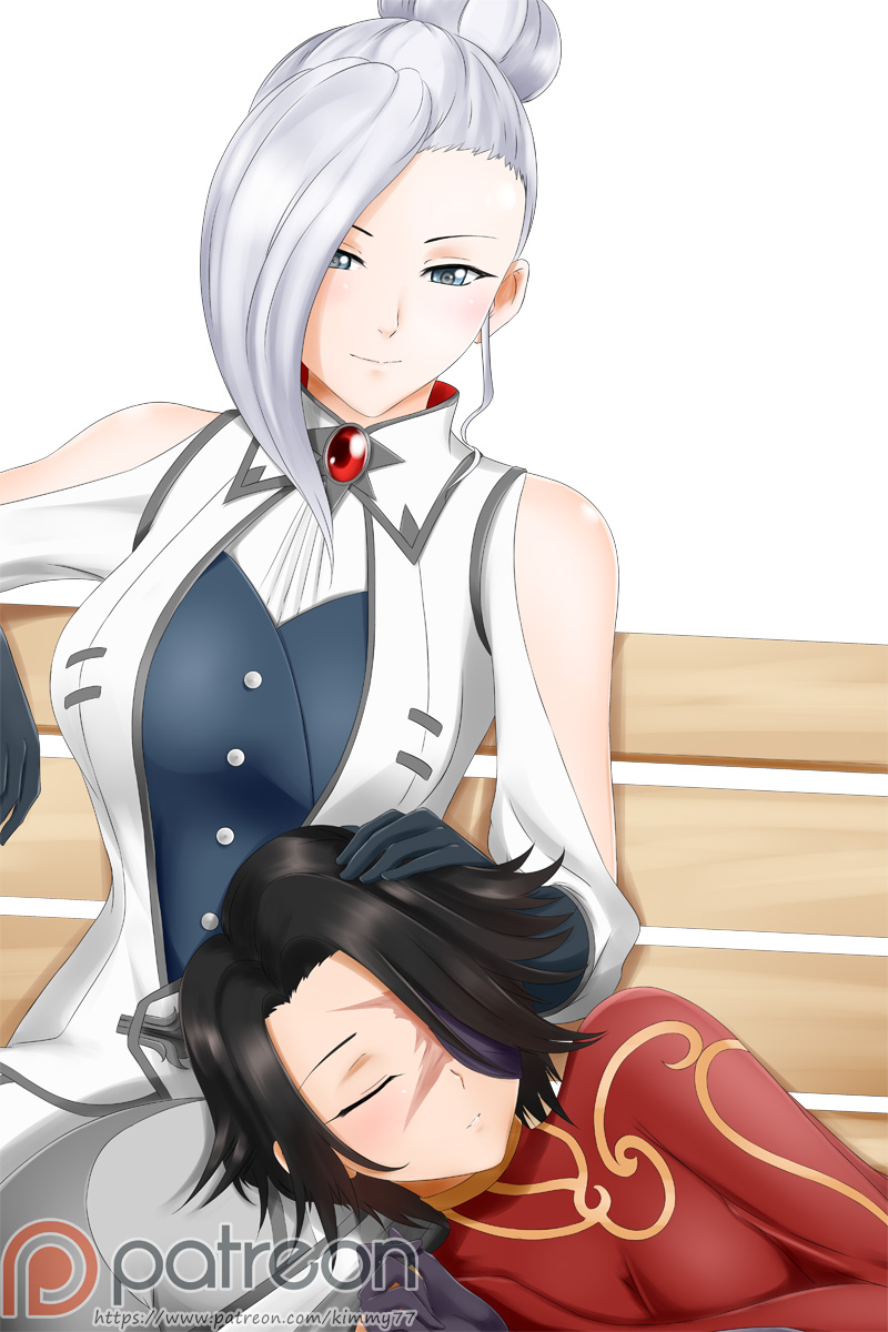 2girls alfred_cullado bench black_hair blue_eyes cinder_fall facial_scar gloves hair_bun hair_over_one_eye hand_on_another's_head highres lying_on_lap multiple_girls patreon_logo rwby scar sleeping smile white_hair winter_schnee yuri