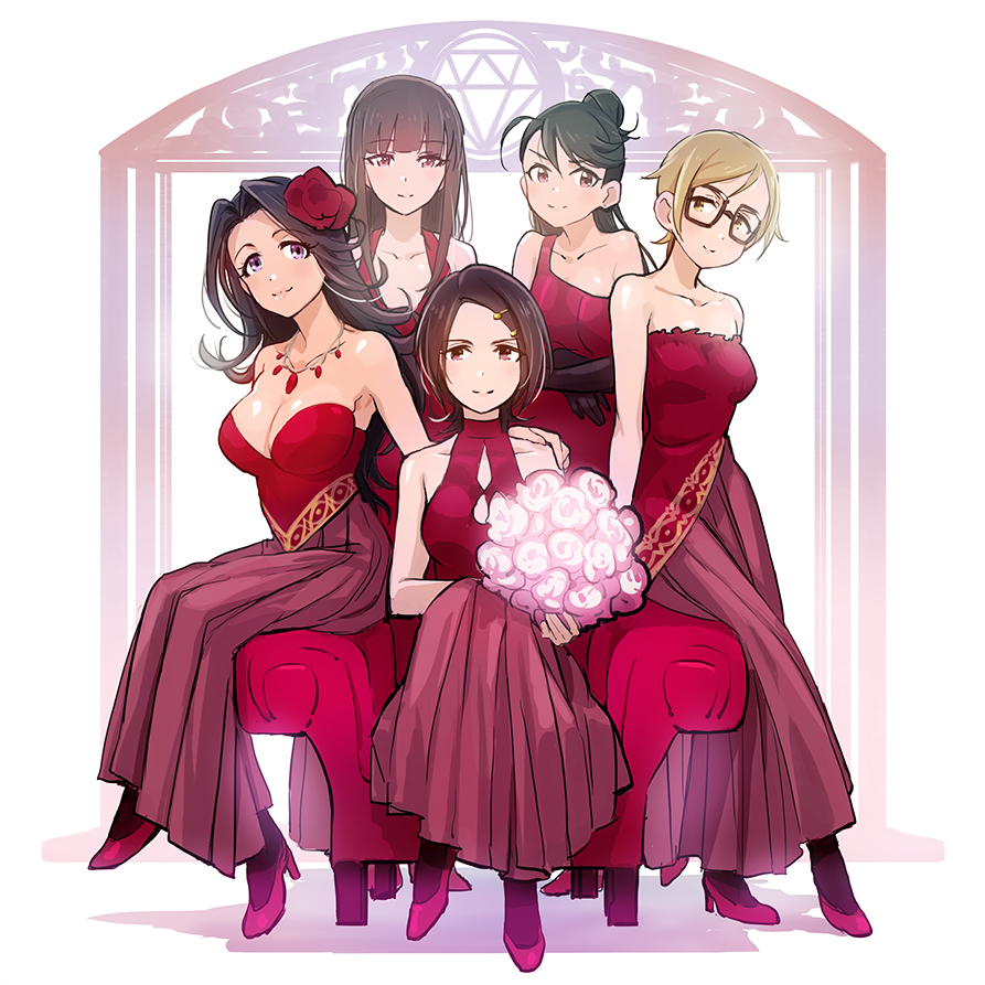 5girls bangs bare_shoulders black_gloves black_hair blonde_hair blunt_bangs bouquet breasts brown_hair character_request cleavage dress flower full_body glasses gloves hair_flower hair_ornament hairclip hand_on_another's_shoulder high_heels idolmaster idolmaster_cinderella_girls jewelry kamijou_haruna long_hair luncheon_meat_umai multiple_girls necklace red_ballad red_dress short_hair sitting smile takahashi_reiko tougou_ai violet_eyes yellow_eyes