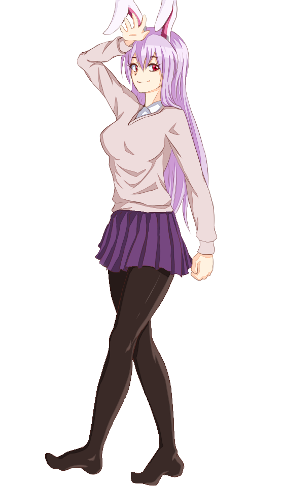 1girl alternate_costume animal_ears black_legwear blush closed_mouth from_side graphite_(medium) hair_between_eyes kagi_f lavender_hair long_hair long_sleeves looking_at_viewer looking_to_the_side millipen_(medium) pantyhose pleated_skirt purple_skirt rabbit_ears red_eyes reisen_udongein_inaba skirt smile solo sweater touhou traditional_media white_skirt