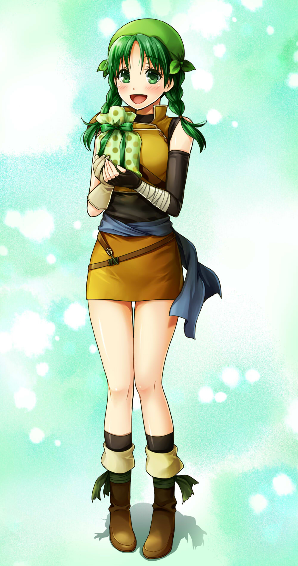 1girl arm_warmers bandage bandaged_arm bandanna black_gloves blush boots bracer braid dress fingerless_gloves fire_emblem fire_emblem:_rekka_no_ken full_body gift gift_bag gloves green_eyes green_hair highres looking_at_viewer miniskirt open_mouth rebecca_(fire_emblem) sash short_hair skirt smile solo standing twin_braids yuino_(fancy_party)