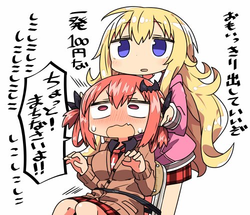 2girls bat_hair_ornament blonde_hair blue_eyes bow cardigan commentary constricted_pupils gabriel_dropout hair_bow hair_ornament hair_rings hands_on_another's_head hood hoodie kanikama kurumizawa_satanichia_mcdowell long_hair lowres multiple_girls necktie orange_eyes orange_hair plaid plaid_skirt school_uniform skirt sweatdrop tenma_gabriel_white tied_to_chair translated very_long_hair white_background