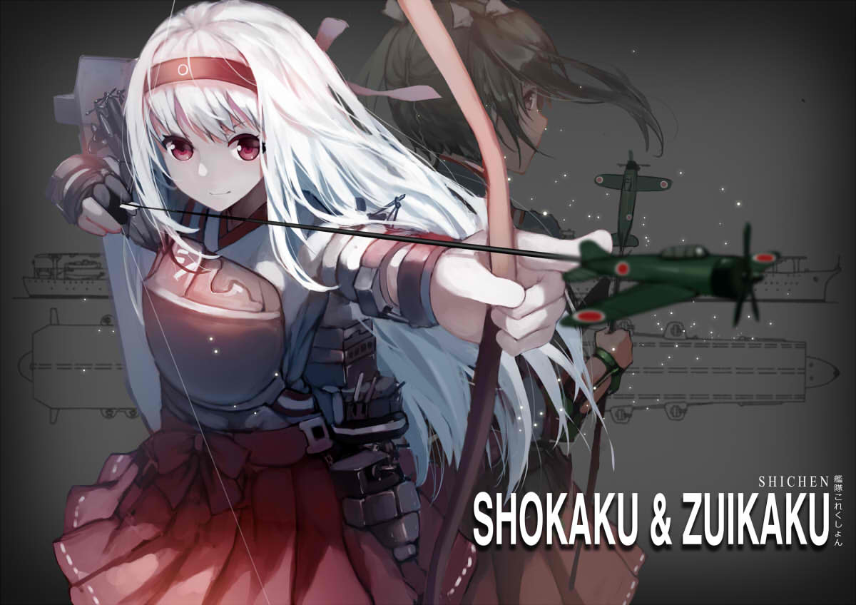 2girls a6m_zero aircraft airplane arrow artist_name blush bow brown_eyes character_name copyright_name english green_hair hair_bow headband holding_bow_(weapon) kantai_collection long_hair looking_at_viewer multiple_girls red_eyes red_skirt shi-chen short_hair shoukaku_(kantai_collection) skirt smile twintails white_bow white_hair zuikaku_(kantai_collection)