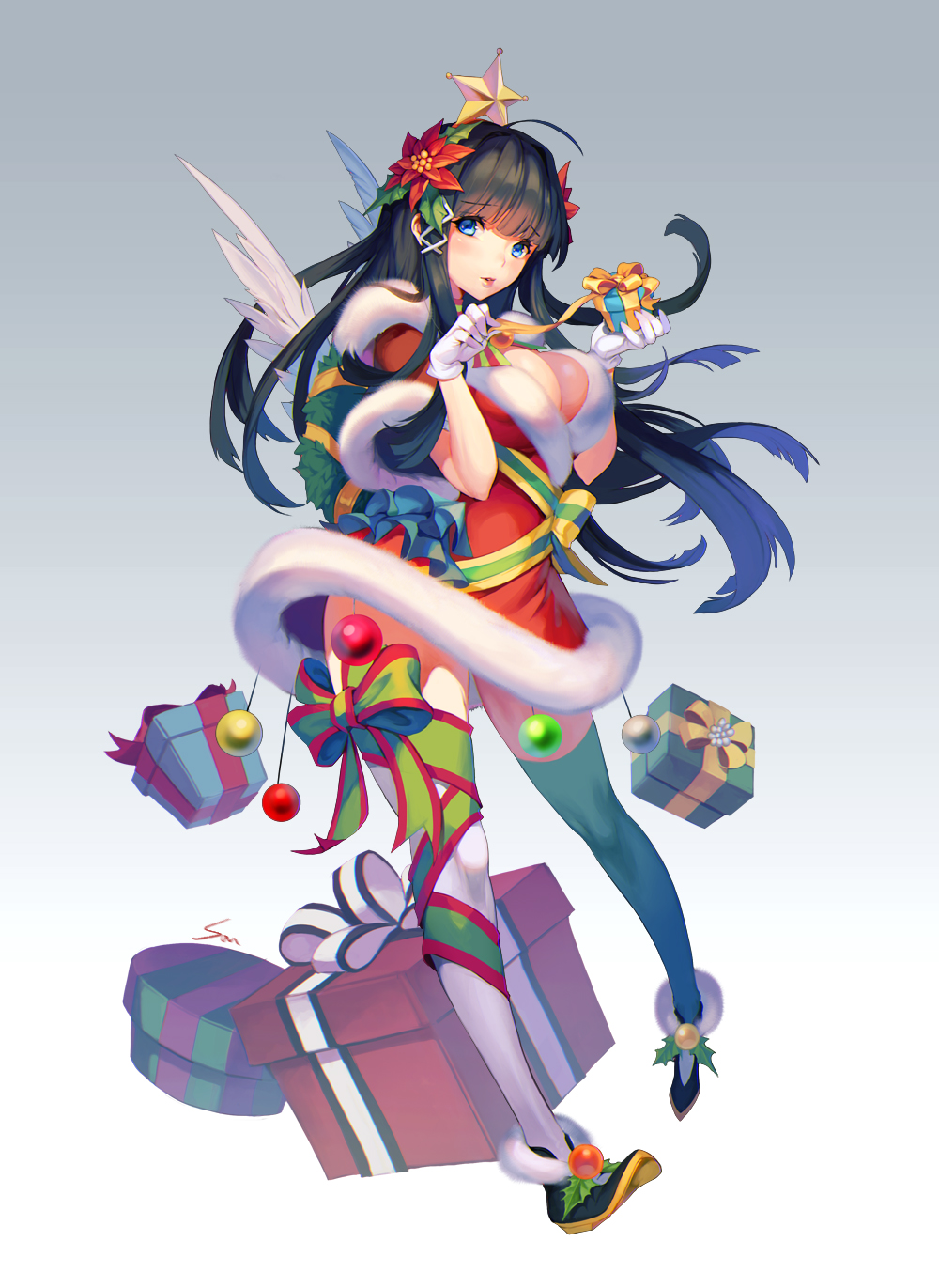 1girl black_hair black_shoes blue_eyes bow breasts cleavage dress flower full_body gift gloves green_legwear highres holding holding_gift holly large_breasts long_hair looking_at_viewer nawol ornament plaid plaid_bow poinsettia red_dress shoes soccer_spirits solo star thigh-highs white_gloves white_legwear