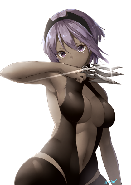 1girl armpits assassin_(fate/prototype_fragments) bangs bare_arms bare_shoulders black_gloves black_hairband breasts dark_skin eiri_(eirri) fate/prototype fate/prototype:_fragments_of_blue_and_silver fate_(series) fingerless_gloves gloves hairband holding holding_knife knife knives_between_fingers looking_at_viewer medium_breasts navel purple_hair short_hair solo upper_body violet_eyes