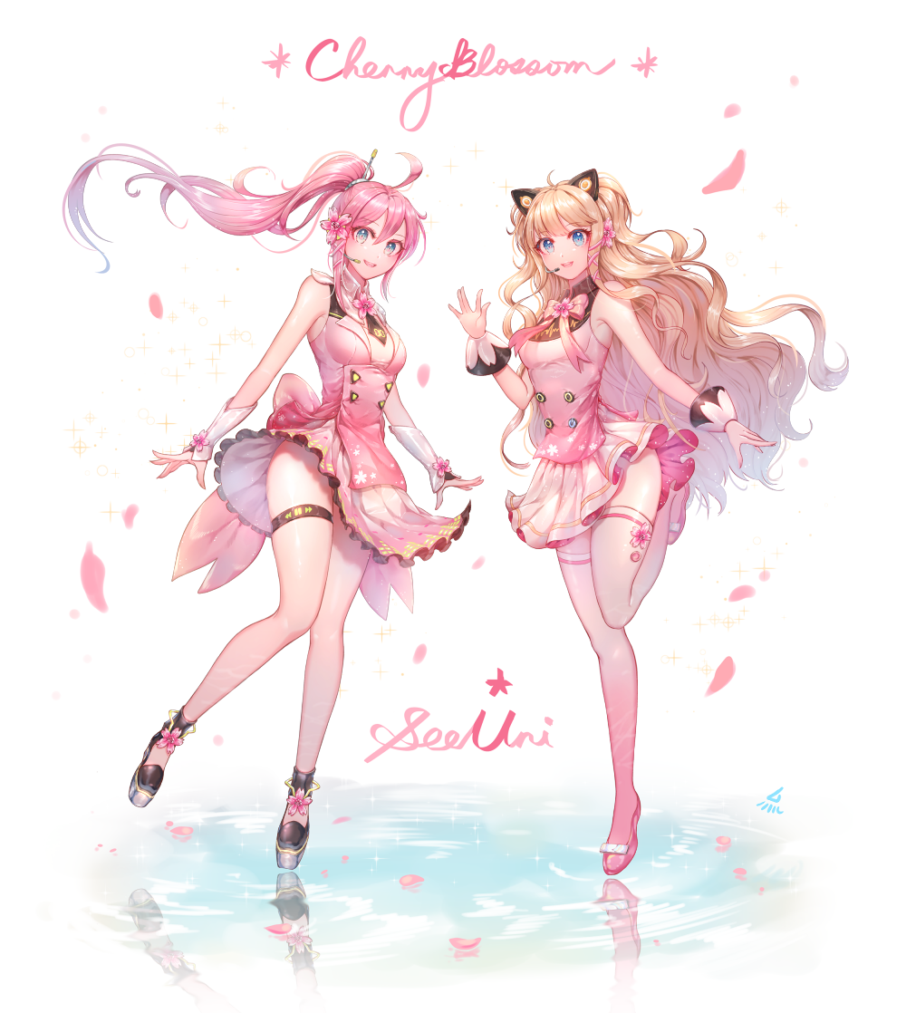2girls animal_ears blonde_hair blue_eyes blush bow cat_ears character_name cherry_blossoms eyebrows_visible_through_hair fake_animal_ears flower hair_flower hair_ornament high_heels long_hair looking_at_viewer multiple_girls open_mouth ozzingo pink_bow pink_hair pink_ribbon ponytail ribbon seeu smile thigh-highs uni_(vocaloid) vocaloid waving white_legwear x_hair_ornament