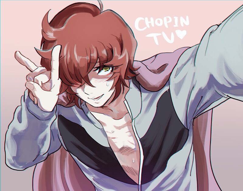 1boy cape classicaloid english frederic_chopin_(classicaloid) hair_over_one_eye jacket looking_at_viewer male_focus open_clothes open_jacket orange_hair pink_background poiaya ribs self_shot short_hair simple_background smile solo upper_body v yellow_eyes