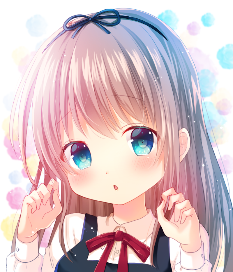 1girl bangs black_ribbon blue_eyes blush chestnut_mouth child collared_shirt commentary_request dress_shirt eyebrows_visible_through_hair hair_ribbon hands_up light_brown_hair long_hair long_sleeves looking_at_viewer mikage_(miku39396918) neck_ribbon open_mouth original red_ribbon ribbon shirt solo upper_body white_shirt