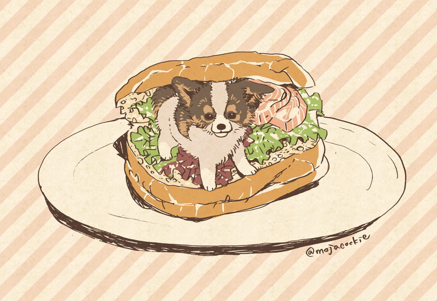 dog food lettuce meat mojacookie no_humans plate sandwich signature striped striped_background