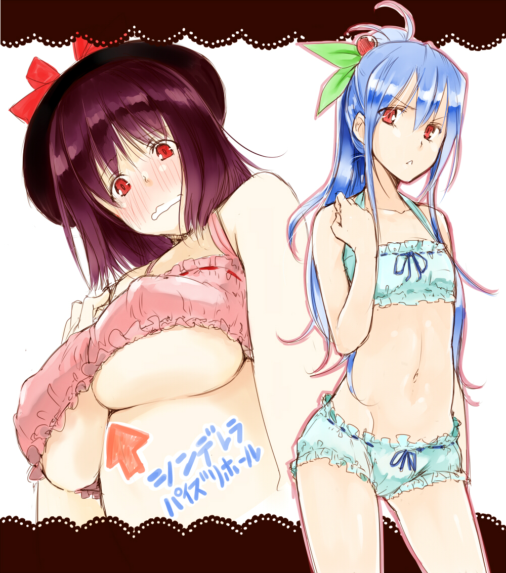 2girls ahoge alternate_hairstyle bangs bare_arms bloomers blue_bra blue_hair blue_ribbon blush bow bra breasts covered_nipples directional_arrow eyebrows_visible_through_hair frilled_bra frills hat hat_bow hinanawi_tenshi kurokuro large_breasts long_hair looking_at_viewer multiple_girls nagae_iku navel nose_blush open_mouth pink_bra ponytail purple_hair red_bow red_eyes ribbon ribbon-trimmed_bra sidelocks simple_background stomach touhou translation_request under_boob underwear underwear_only white_background