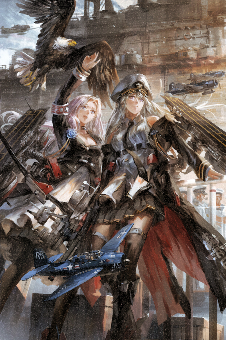 2girls aircraft airplane bald_eagle bilan_hangxian bird black_legwear black_skirt blonde_hair blue_eyes character_request eagle grey_eyes grey_hat looking_away looking_up multiple_girls open_mouth pink_hair short_hair skirt smile stu_dts teeth thigh-highs