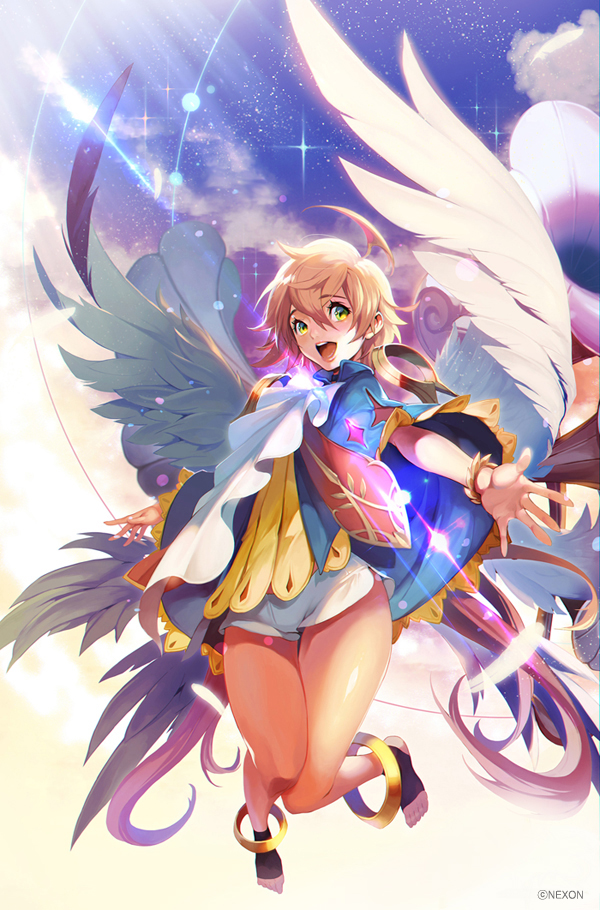 1girl :d blue_cape blue_sky bracelet cape clouds dice_of_soul full_body green_eyes jewelry light_brown_hair looking_at_viewer nawol official_art open_mouth outdoors outstretched_hand sky smile solo sunlight watermark white_wings wings
