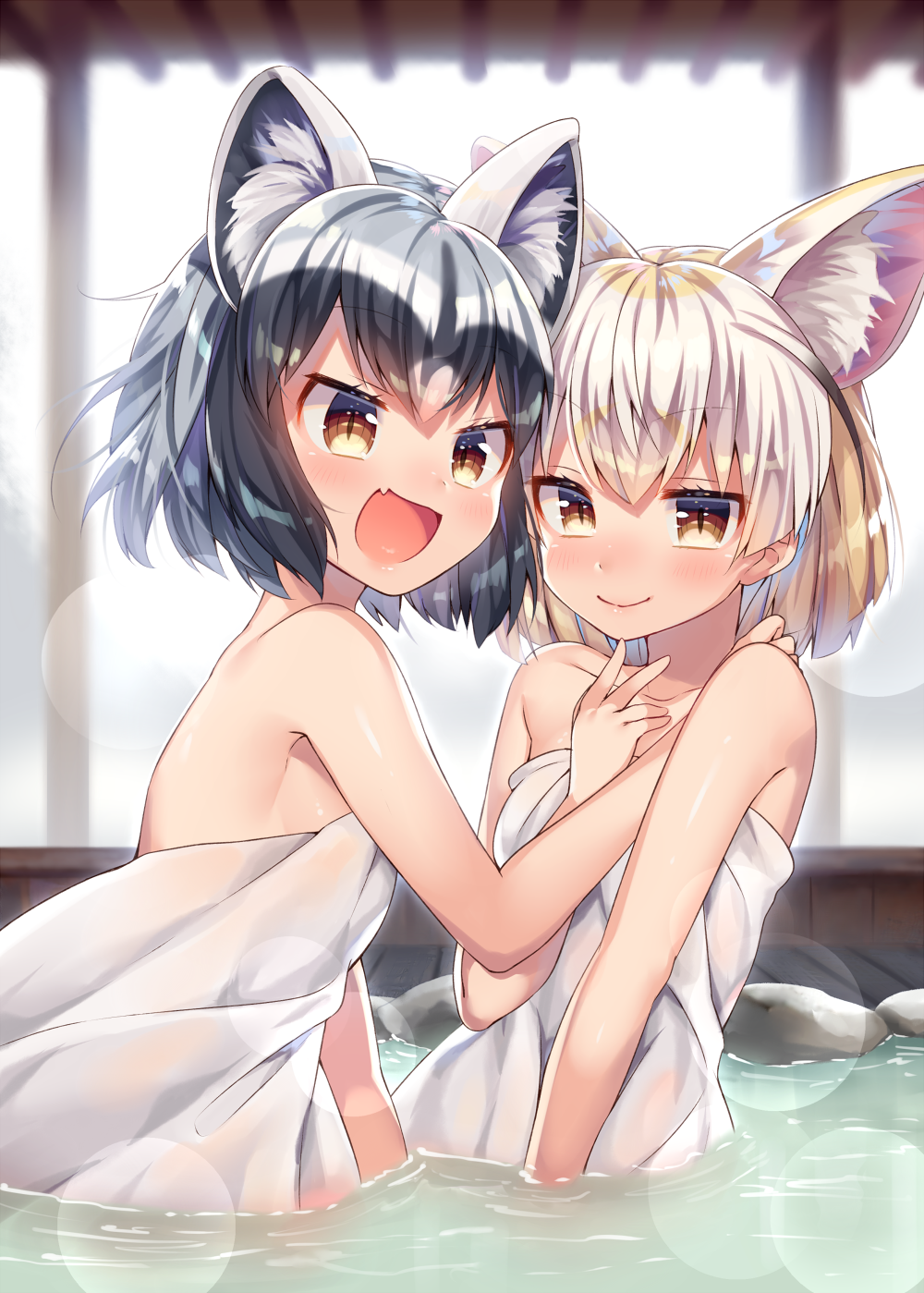 2girls :d animal_ears backlighting bangs bare_arms bare_shoulders black_hair blonde_hair blush breasts brown_eyes closed_mouth commentary_request common_raccoon_(kemono_friends) eyebrows_visible_through_hair fang fennec_(kemono_friends) fox_ears grey_hair hand_on_another's_chest hand_on_another's_shoulder highres kemono_friends lens_flare looking_at_viewer multicolored_hair multiple_girls naked_towel ntk_(7t5) onsen open_mouth partially_submerged pink_hair raccoon_ears rock shiny shiny_skin short_hair sideboob slit_pupils small_breasts smile streaked_hair towel water white_hair