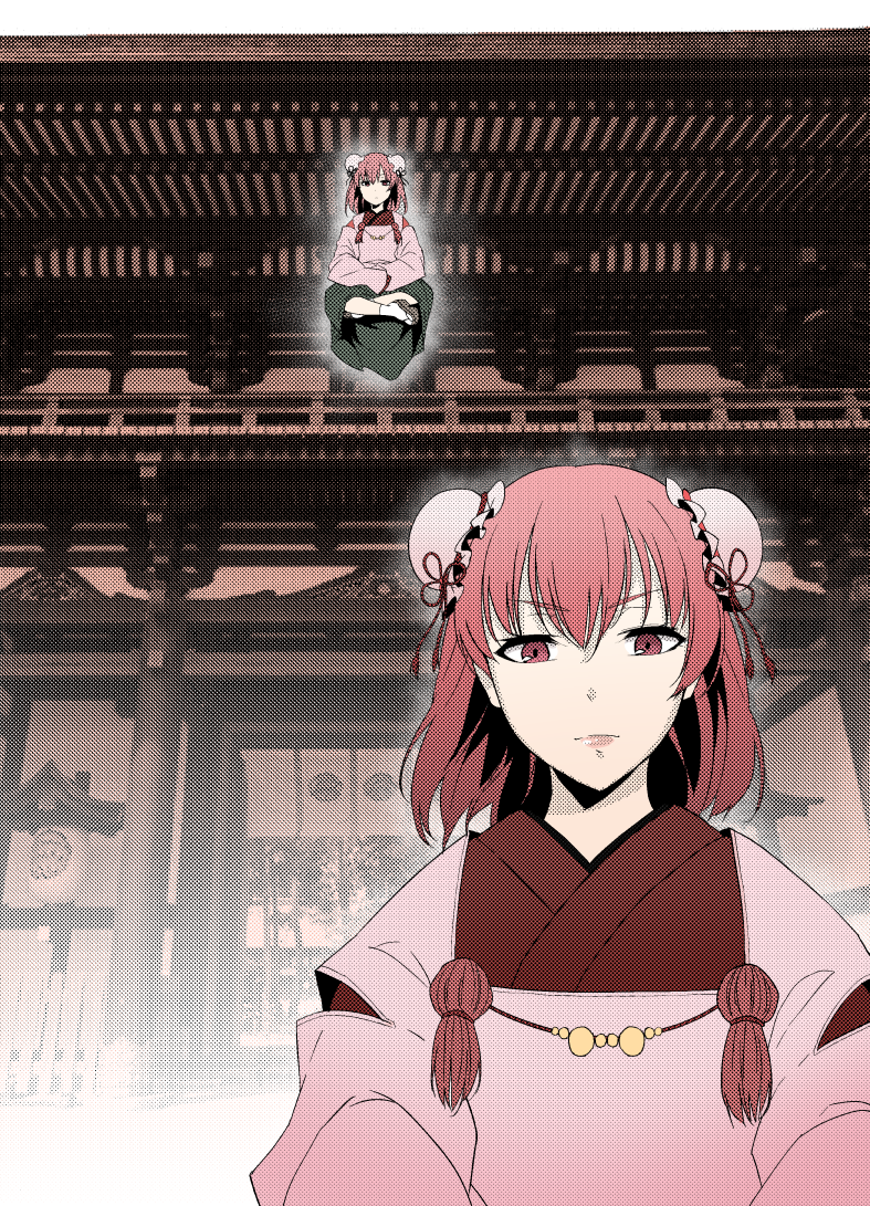 &gt;:( 1girl architecture bangs bun_cover closed_mouth double_bun east_asian_architecture eiri_(eirri) floating green_skirt ibaraki_kasen indian_style japanese_clothes long_sleeves looking_at_viewer red_eyes redhead serious sitting skirt solo touhou wide_sleeves