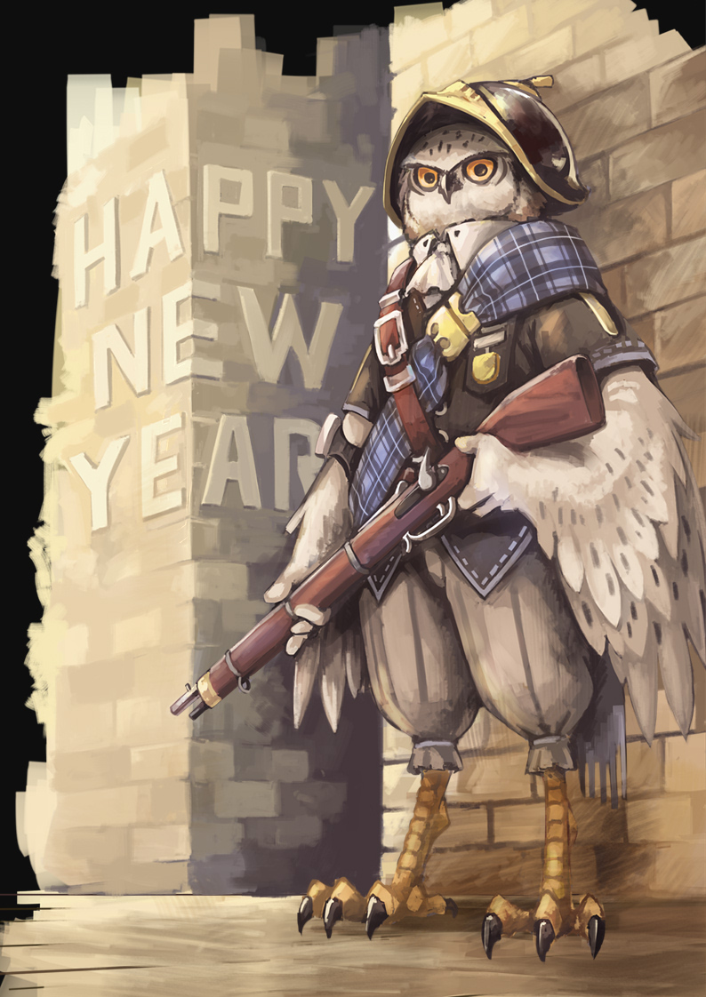 antique_firearm badge belt bird brick_wall english firearm gun helmet holding holding_weapon kurio looking_at_viewer new_year no_humans original owl plaid solo weapon