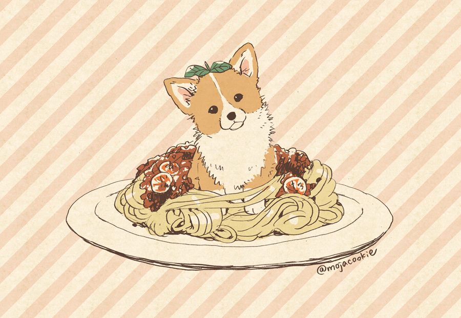 dog food meat mojacookie no_humans pasta plate signature spaghetti striped striped_background welsh_corgi
