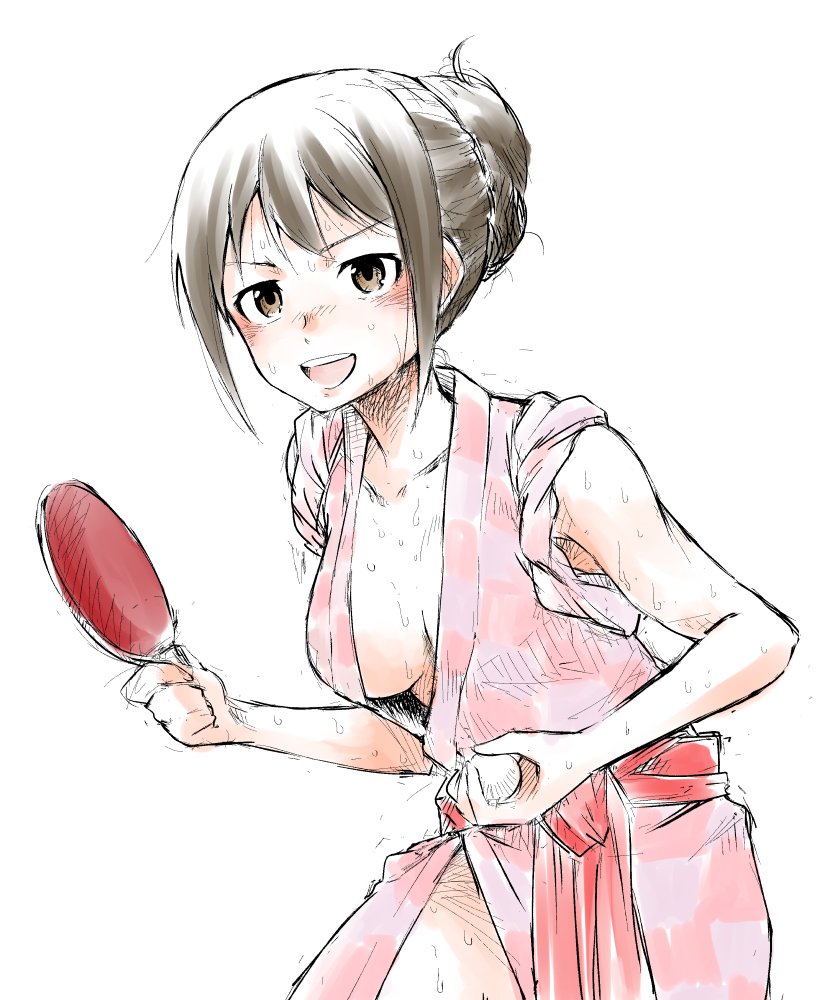 1girl ball black_hair blush breasts brown_eyes idolmaster idolmaster_cinderella_girls japanese_clothes kimono long_hair nakai_(zabuton_makura) nakano_yuka open_mouth paddle sketch sleeves_rolled_up smile solo sweat sweating sweating_profusely table_tennis_ball table_tennis_paddle tied_hair wet white_background yukata