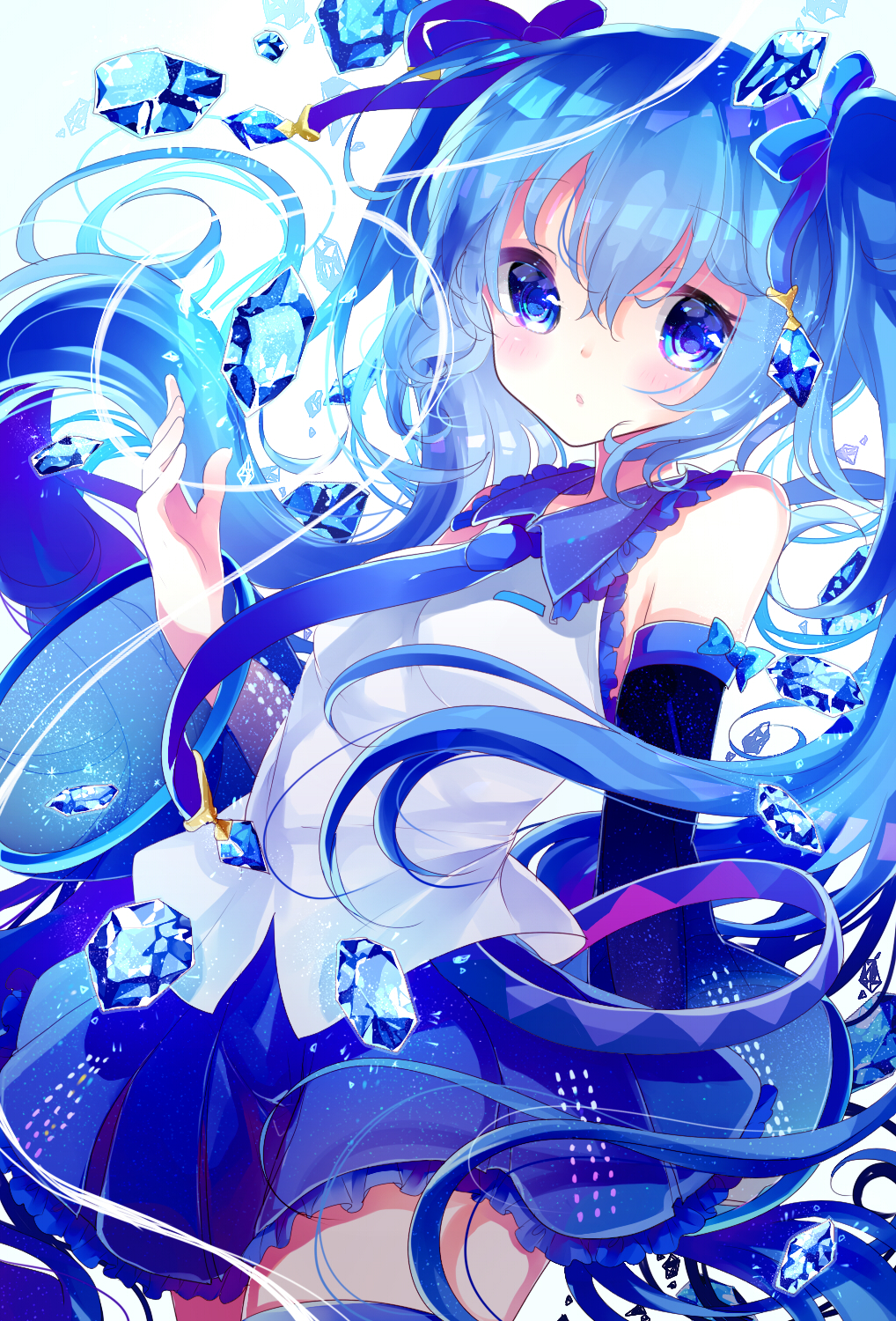 1girl blue_eyes blue_hair detached_sleeves hatsune_miku highres long_hair necktie remimim skirt solo thigh-highs twintails very_long_hair vocaloid