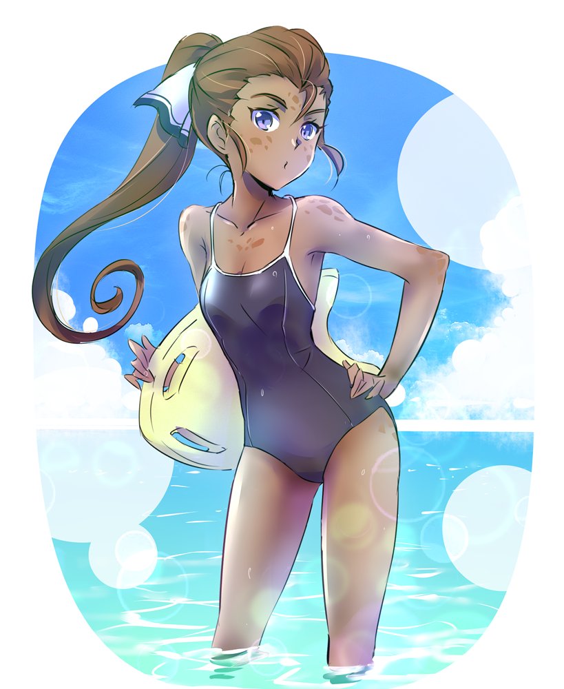 1girl blue_eyes blue_sky brown_hair clouds dark_skin hair_ribbon iesupa ilia_amitola one-piece_swimsuit ponytail rescue_buoy ribbon rwby sky solo spots swimsuit water wet