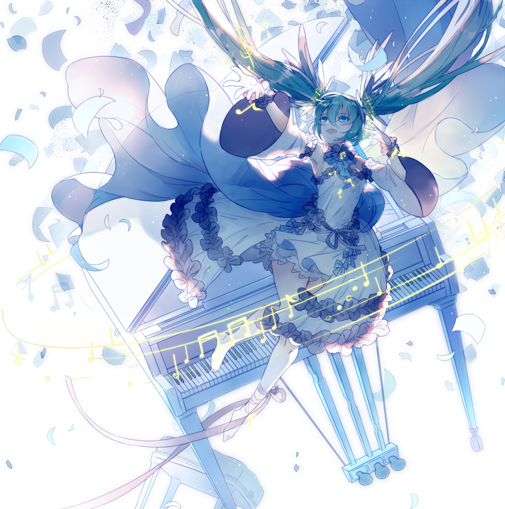 1girl aqua_hair arm_up bangs barefoot beamed_quavers blue_eyes crotchet dress eyebrows_visible_through_hair floating_hair hair_between_eyes hand_up hatsune_miku instrument long_hair looking_up lyodi musical_note open_mouth outstretched_arm piano piano_bench quaver scrunchie sheet_music smile solo twintails vocaloid white_dress wrist_scrunchie