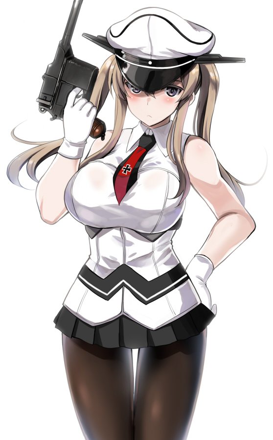 10s 1girl adapted_costume black_legwear black_skirt blush breasts closed_mouth collared_shirt commentary_request cowboy_shot graf_zeppelin_(kantai_collection) gun hair_between_eyes hand_on_hip handgun hat holding holding_gun holding_weapon iron_cross kantai_collection kyougoku_shin large_breasts long_hair looking_at_viewer mauser_c96 miniskirt necktie pantyhose peaked_cap pleated_skirt red_necktie see-through serious shirt sidelocks simple_background skirt sleeveless sleeveless_shirt solo standing twintails violet_eyes weapon white_background white_hat wing_collar