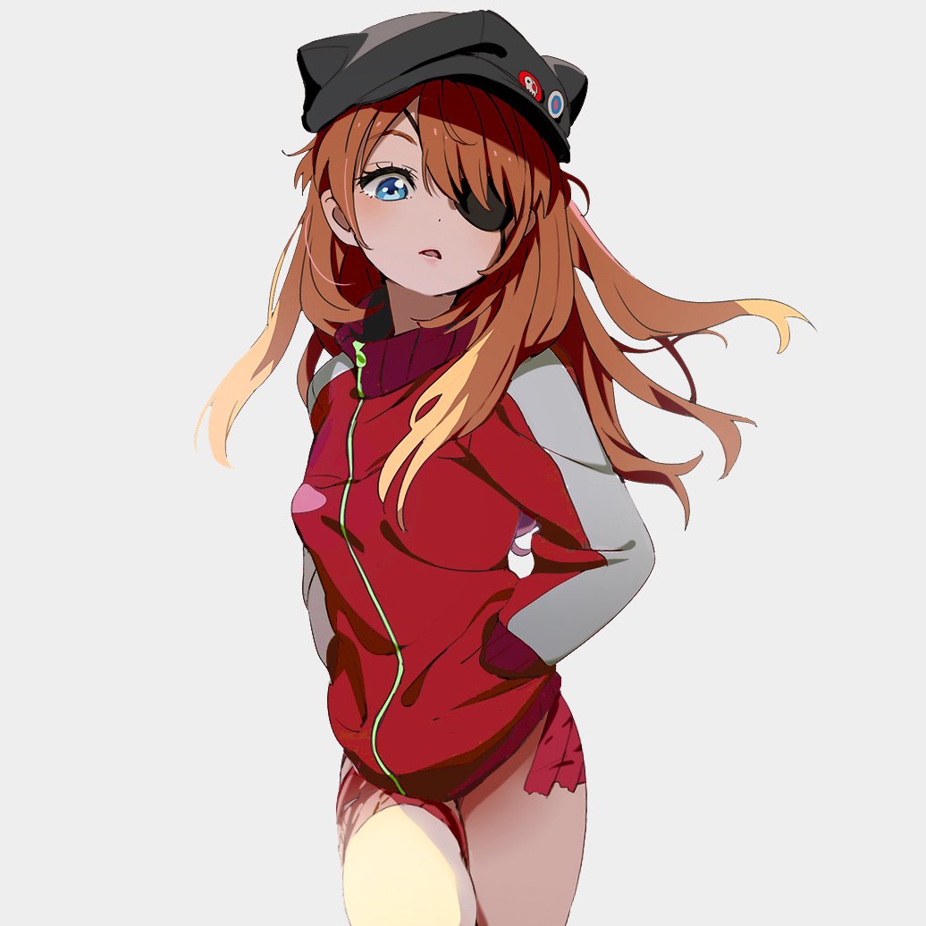 1girl animal_hat blue_eyes blush cat_hat evangelion:_3.0_you_can_(not)_redo eyepatch hands_in_pockets hat long_hair looking_at_viewer mebae neon_genesis_evangelion open_mouth orange_hair rebuild_of_evangelion simple_background solo souryuu_asuka_langley torn_clothes twintails