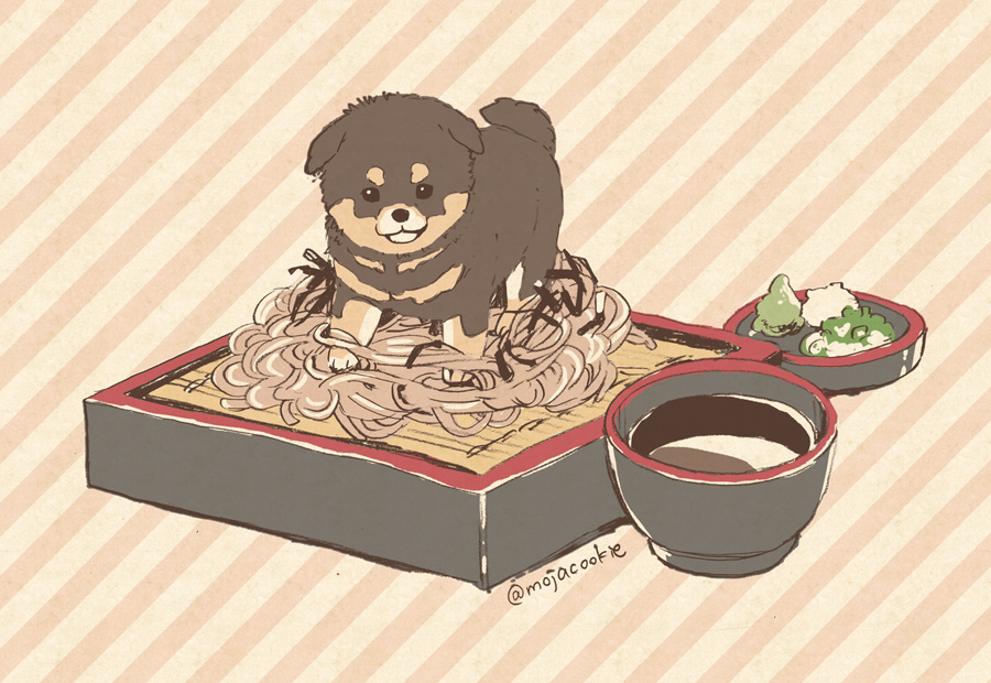 bowl dog food mojacookie no_humans noodles sauce shiba_inu signature spring_onion striped striped_background wasabi
