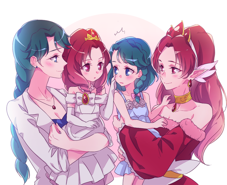 /\/\/\ 4girls akagi_towa bare_shoulders blue_eyes blue_hair blush braid breasts carrying child choker cleavage earrings elbow_gloves gloves go!_princess_precure if_they_mated jewelry kaidou_minami long_hair multiple_girls negom older pointy_ears precure red_eyes redhead single_braid smile tiara white_gloves