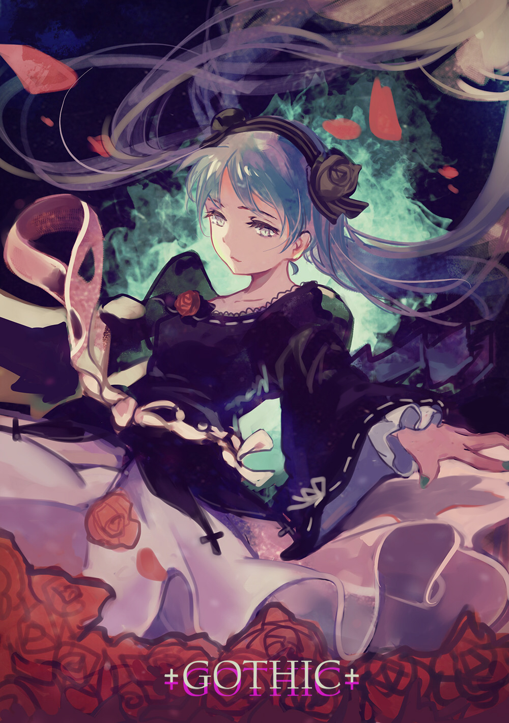 1girl floating_hair flower hatsune_miku highres long_hair maoshenzou nail_polish petals rose skirt_hold solo twintails vocaloid