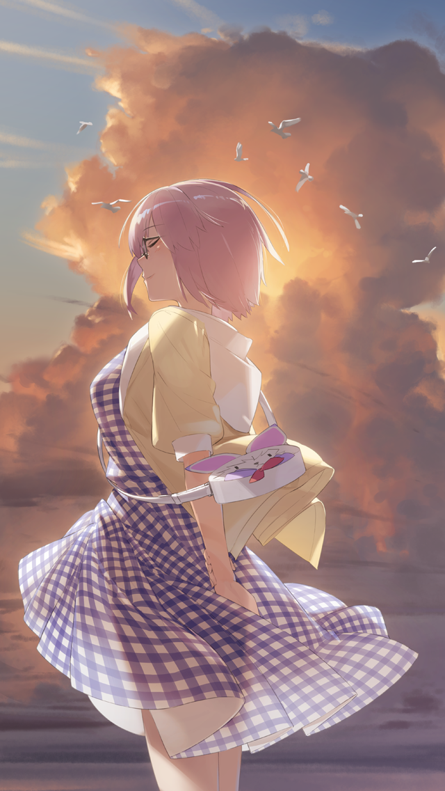 1girl blue_dress blush character_doll closed_eyes closed_mouth clouds cloudy_sky cowboy_shot dress evening fate/grand_order fate_(series) fou_(fate/grand_order) from_side glasses hayashi_kewi hood hoodie open_clothes open_hoodie outdoors plaid plaid_dress pouch profile purple_hair shielder_(fate/grand_order) short_hair sky smile solo standing