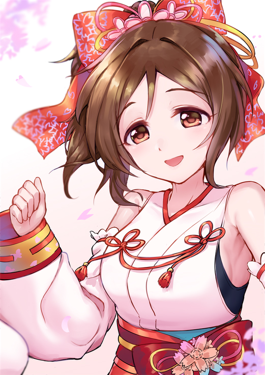 1girl armpit_peek bare_shoulders breasts brown_eyes brown_hair clenched_hand commentary_request detached_sleeves doumyouji_karin hair_ornament idolmaster idolmaster_cinderella_girls idolmaster_cinderella_girls_starlight_stage japanese_clothes looking_at_viewer medium_breasts obi sash shirona002 smile solo
