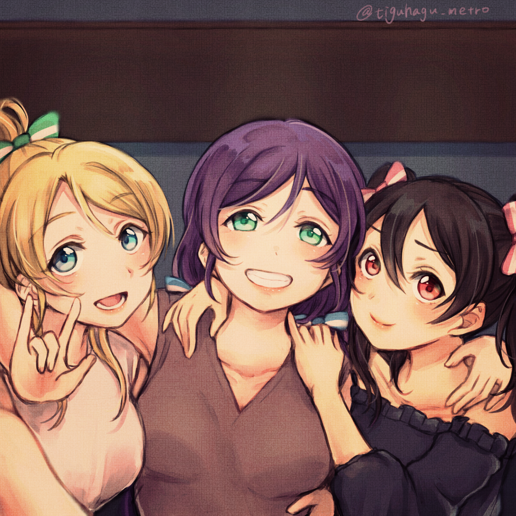 3girls :d \m/ arm_around_shoulder ayase_eli blonde_hair blue_bow blue_eyes bow commentary_request frills green_bow green_eyes grin group_picture hair_between_eyes hair_bow hand_on_another's_shoulder lilylion26 looking_at_viewer love_live! love_live!_school_idol_project multiple_girls open_mouth pink_bow purple_hair red_eyes sleeveless smile strapless striped striped_bow toujou_nozomi twintails twitter_username upper_body v-neck yazawa_nico