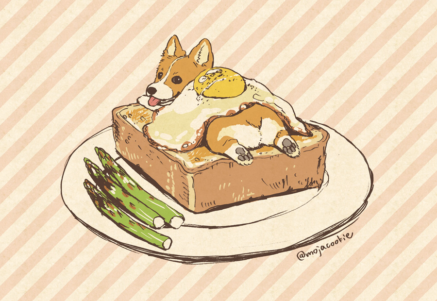 asparagus dog food fried_egg looking_back mojacookie no_humans striped striped_background toast tongue tongue_out welsh_corgi