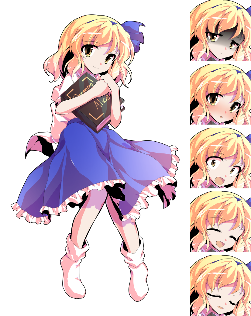 1girl :d alice_margatroid alice_margatroid_(pc-98) alphes_(style) bangs blonde_hair blue_bow blue_skirt blush bow closed_eyes closed_mouth commentary_request dairi eyebrows_visible_through_hair frilled_skirt frills full_body grimoire_of_alice hair_bow holding knees_together_feet_apart looking_at_viewer multiple_views no_shoes nose_blush open_mouth parody shaded_face short_sleeves skirt smile socks standing style_parody tachi-e touhou touhou_(pc-98) transparent_background white_legwear yellow_eyes