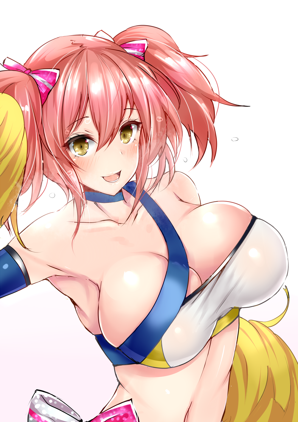 1girl arm_up armpits bangs bare_shoulders blush bow breasts cheerleader choker cleavage collarbone commentary_request elbow_gloves eyelashes flying_sweatdrops gloves hair_bow highres idolmaster idolmaster_cinderella_girls jougasaki_mika large_breasts looking_at_viewer looking_to_the_side midriff navel open_mouth pink_hair pom_poms sankakusui_(deltawhite) shiny shiny_skin sidelocks simple_background skindentation smile solo strapless sweat tubetop twintails white_background yellow_eyes