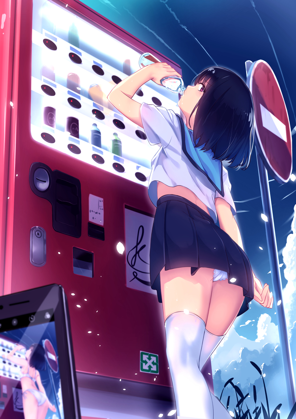 1girl arm_at_side ass black_hair blue_skirt bottle bra cellphone clouds commentary_request condensation_trail day drinking eyebrows_visible_through_hair from_behind highres looking_back original outdoors panties pantyshot pantyshot_(standing) phone pleated_skirt revision road_sign school_uniform serafuku shirt short_hair short_sleeves sign skirt smartphone solo standing thigh-highs underwear vending_machine violet_eyes white_bra white_legwear white_panties white_shirt yan_(nicknikg)