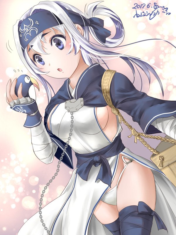10s 1girl 2017 ainu_clothes bandanna blue_eyes blue_legwear breasts crate cropped_jacket dated dutch_angle failure_penguin folded_ponytail headband kamoi_(kantai_collection) kantai_collection long_hair long_sleeves medium_breasts open_mouth panties side-tie_panties sideboob sidelocks signature solo thick_eyebrows thigh-highs underwear white_hair white_panties wrist_guards yuki_shuuka